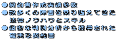契約書作成実績多数、数多くの障害を乗り越えてきた法律ノウハウとスキル、緻密な判例分析から獲得された確実な契約書